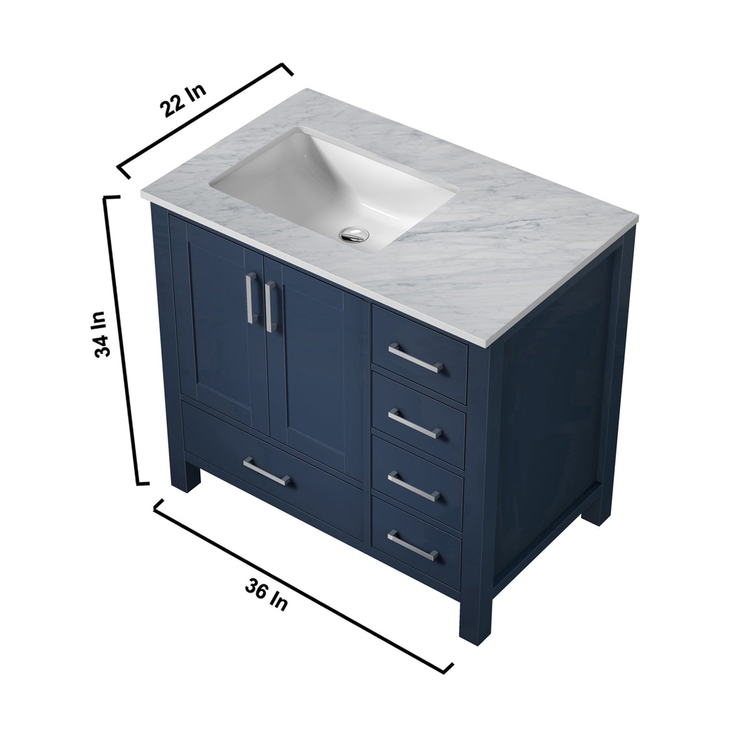 Jacques 36" Navy Blue Single Vanity, White Carrara Marble Top, White Square Sink and 34" Mirror - Left Version