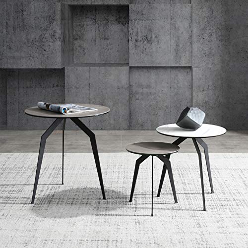 Whiteline Modern Living Santiago Nesting Side Tables, 3mm Ceramic Top, 2 in Grey 1 in White, Matte Black Iron Base (Set of 3)