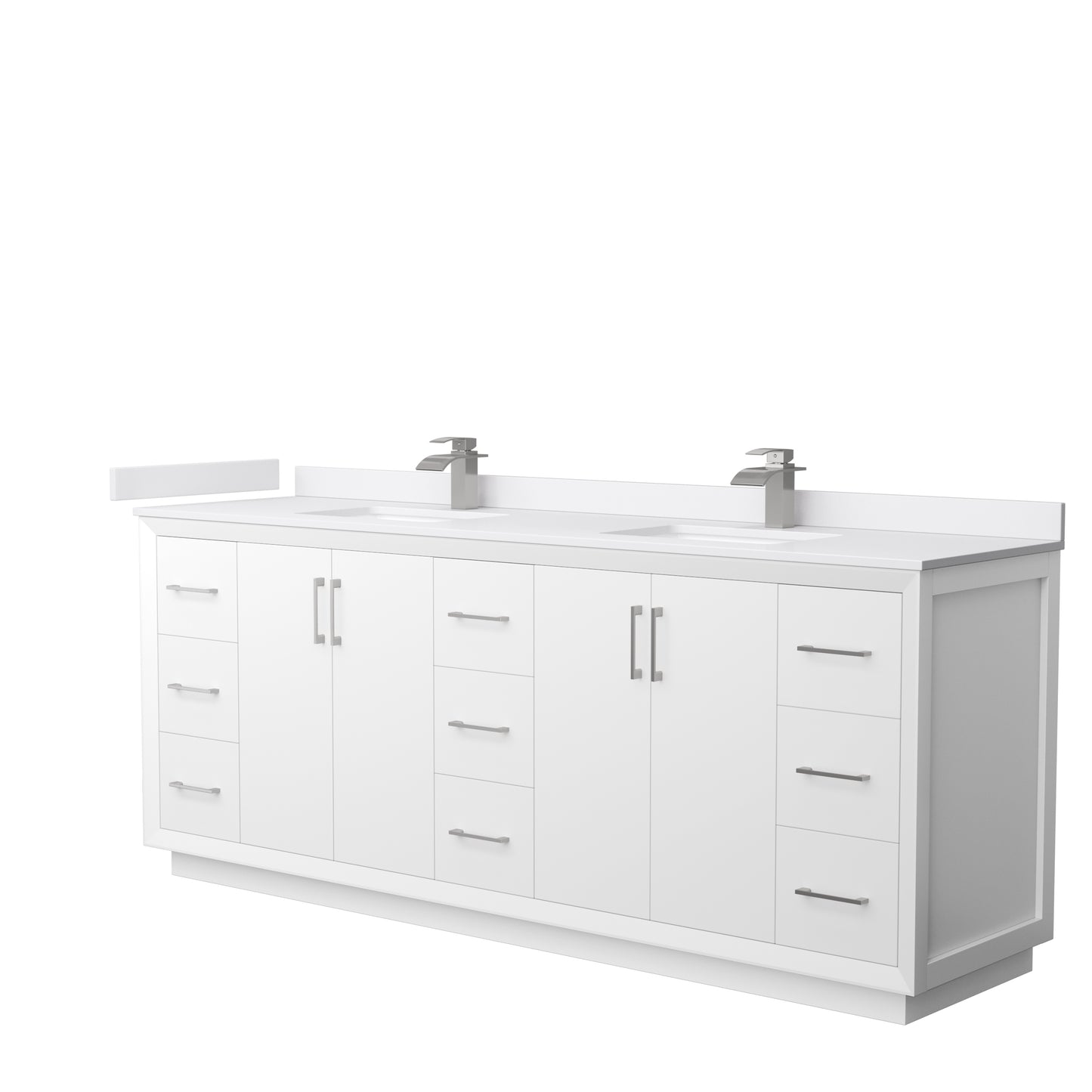 Strada 84 Inch Double Bathroom Vanity in White, White Cultured Marble Countertop, Undermount Square Sink, Brushed Nickel Trim