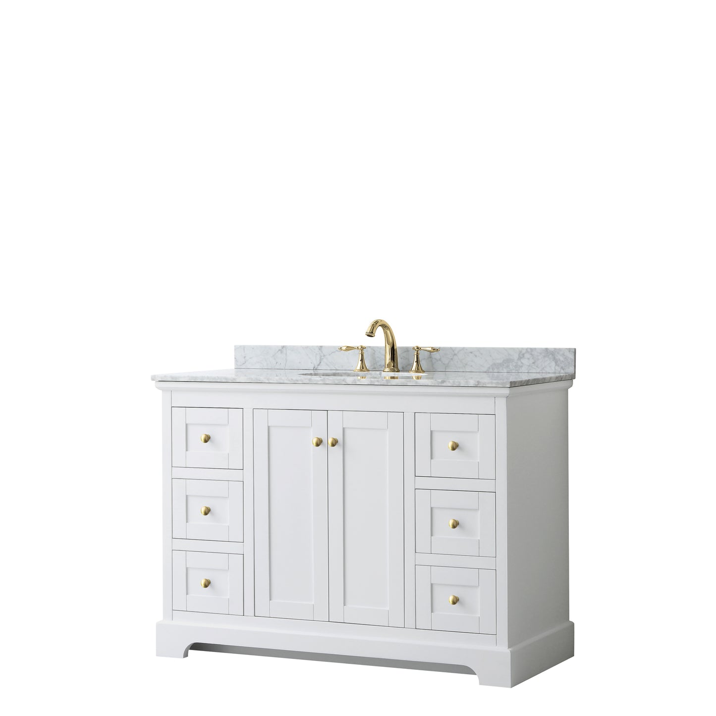 Avery 48 Inch Single Bathroom Vanity in White, White Carrara Marble Countertop, Undermount Oval Sink, Brushed Gold Trim