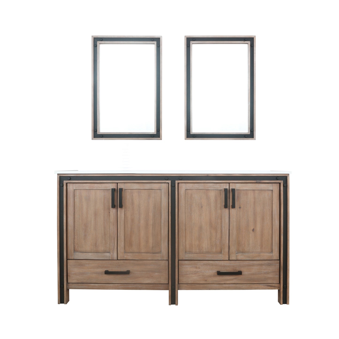 Ziva 60" Rustic Barnwood Double Vanity, Cultured Marble Top, White Square Sink and 22" Mirrors