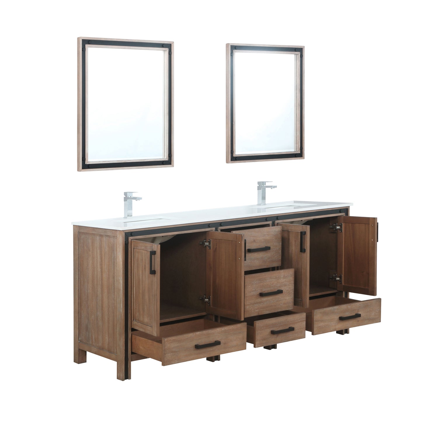 Ziva 72" Rustic Barnwood Double Vanity, Cultured Marble Top, White Square Sink and 30" Mirrors w/ Faucet