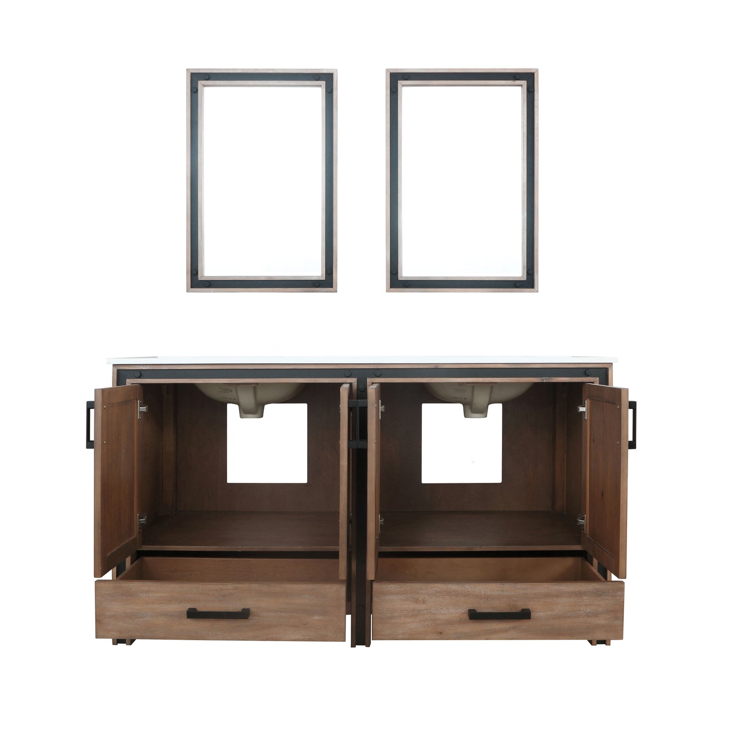 Ziva 60" Rustic Barnwood Double Vanity, Cultured Marble Top, White Square Sink and 22" Mirrors