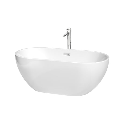 Brooklyn 60 Inch Freestanding Bathtub in White with Floor Mounted Faucet, Drain and Overflow Trim in Polished Chrome