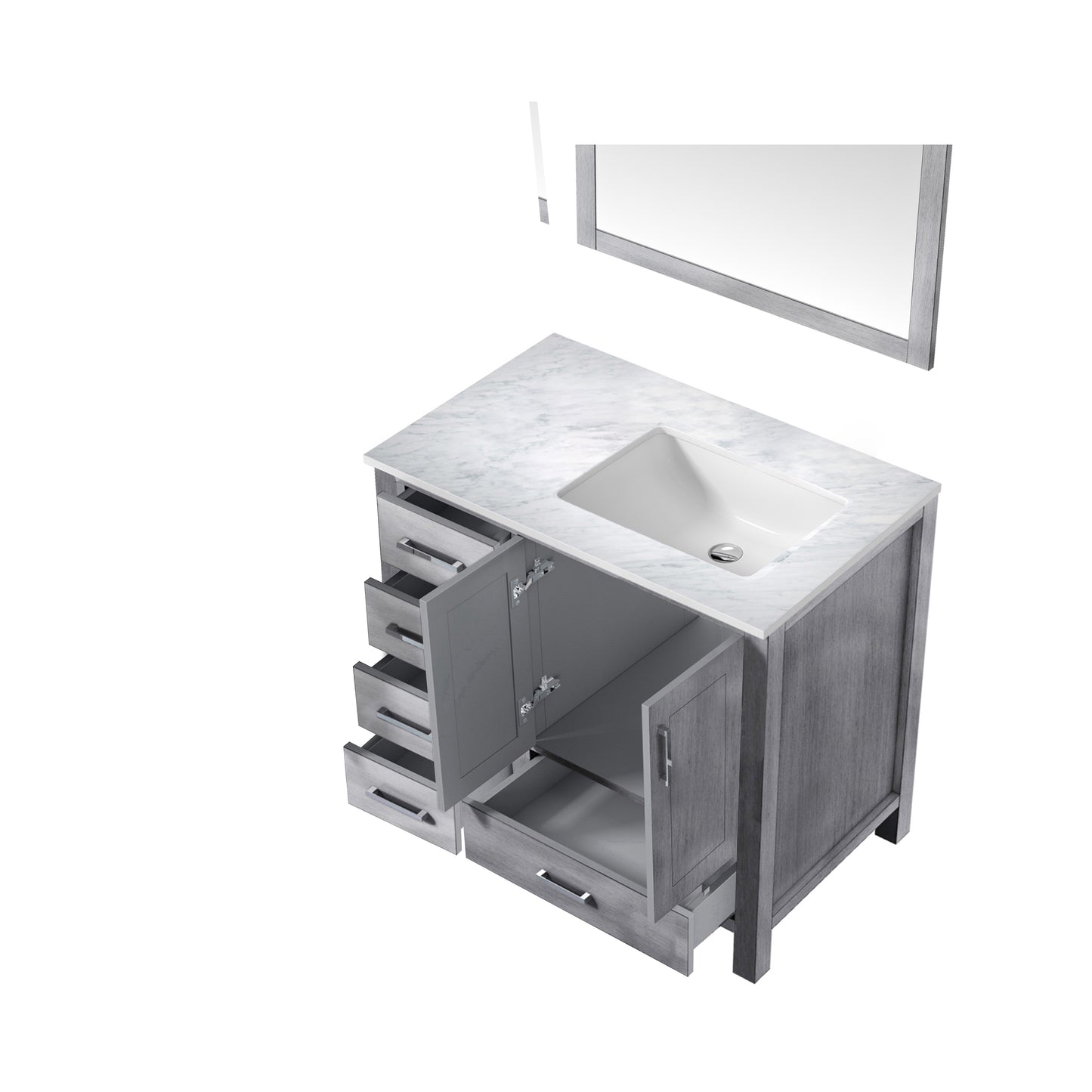Jacques 36" Distressed Grey Single Vanity, White Carrara Marble Top, White Square Sink and 34" Mirror - Right Version
