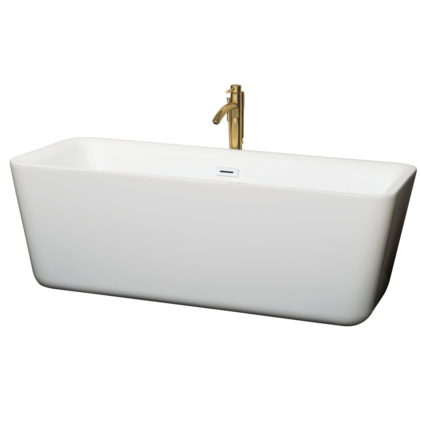 Emily 69 Inch Freestanding Bathtub in White with Shiny White Trim and Floor Mounted Faucet in Brushed Gold
