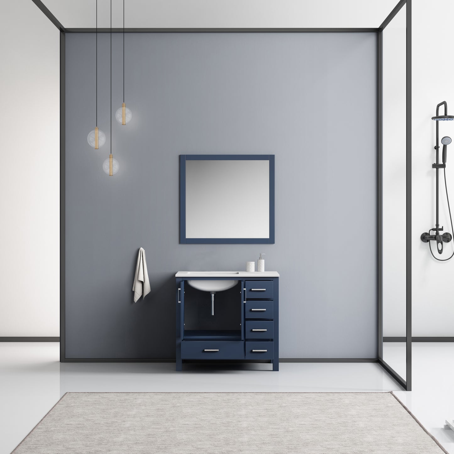 Jacques 36" Navy Blue Single Vanity, White Carrara Marble Top, White Square Sink and 34" Mirror - Left Version