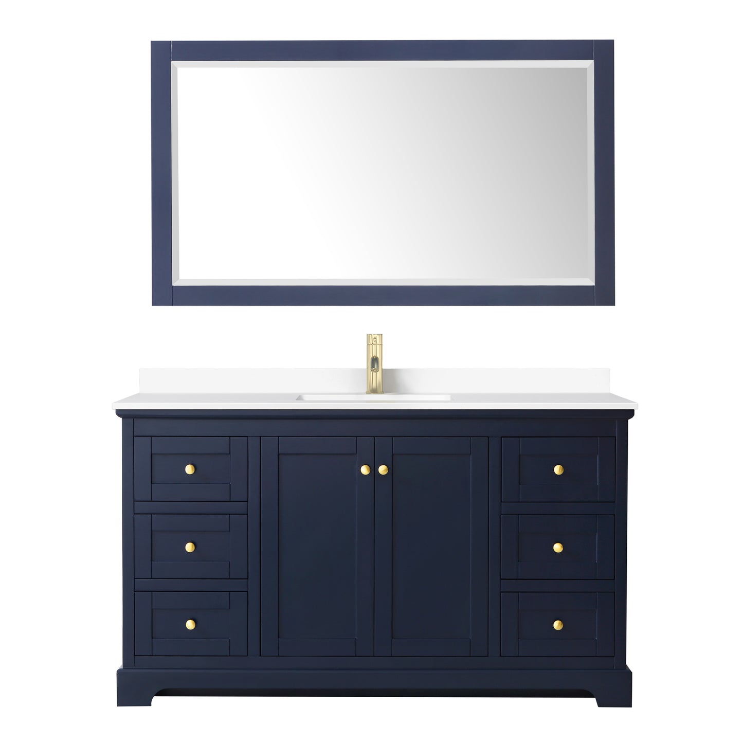 Avery 60 Inch Single Bathroom Vanity in Dark Blue, White Cultured Marble Countertop, Undermount Square Sink, 58 Inch Mirror