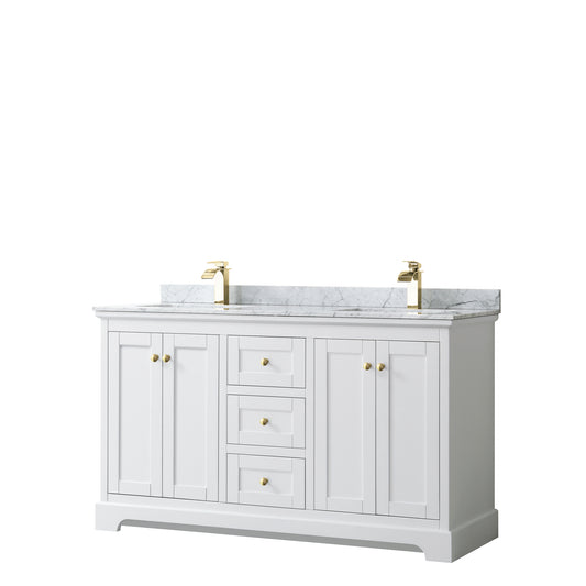 Avery 60 Inch Double Bathroom Vanity in White, White Carrara Marble Countertop, Undermount Square Sinks, Brushed Gold Trim