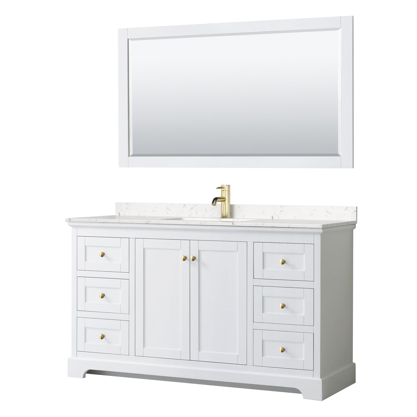 Avery 60 Inch Single Bathroom Vanity in White, Carrara Cultured Marble Countertop, Undermount Square Sink, 58 Inch Mirror, Brushed Gold Trim