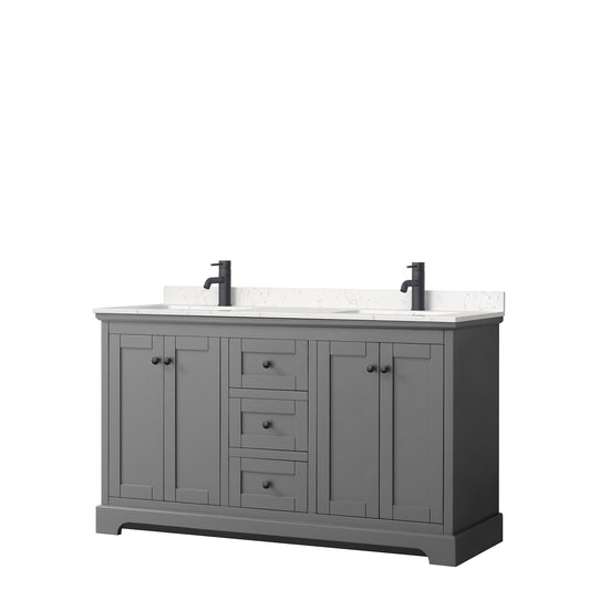 Avery 60 Inch Double Bathroom Vanity in Dark Gray, Carrara Cultured Marble Countertop, Undermount Square Sinks, Matte Black Trim