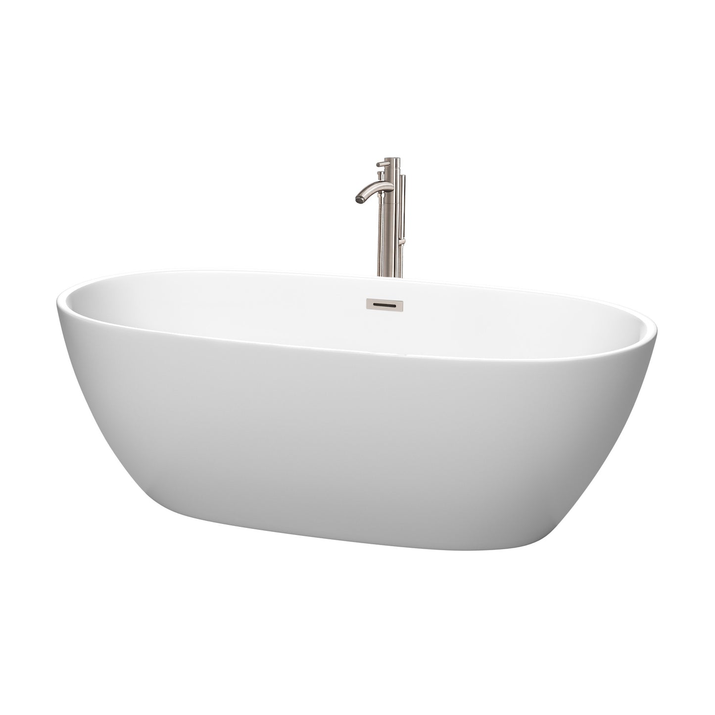 Juno 67 Inch Freestanding Bathtub in Matte White with Floor Mounted Faucet, Drain and Overflow Trim in Brushed Nickel