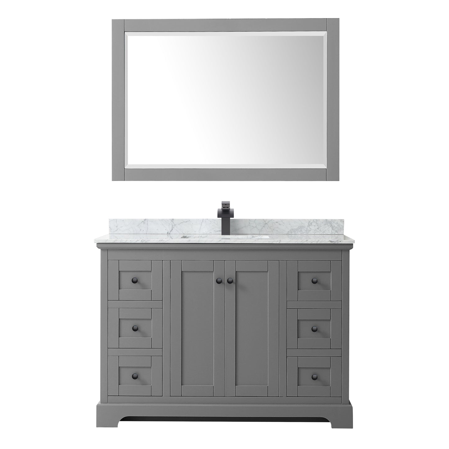 Avery 48 Inch Single Bathroom Vanity in Dark Gray, White Carrara Marble Countertop, Undermount Square Sink, Matte Black Trim, 46 Inch Mirror