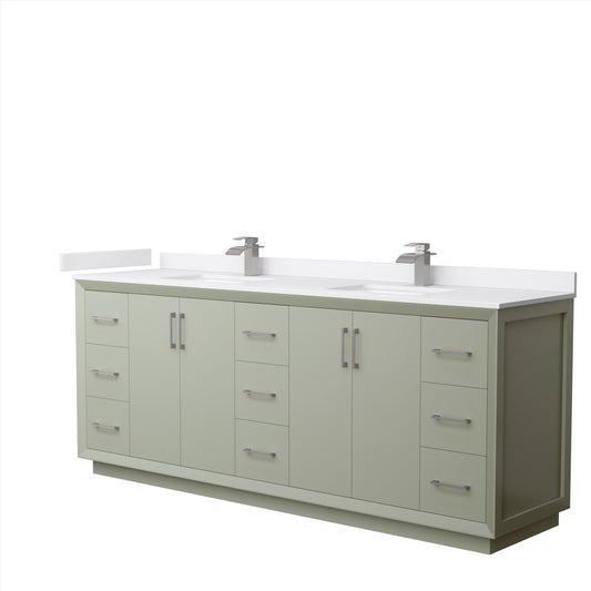 Strada 84 Inch Double Bathroom Vanity in Light Green, White Cultured Marble Countertop, Undermount Square Sinks, Brushed Nickel Trim