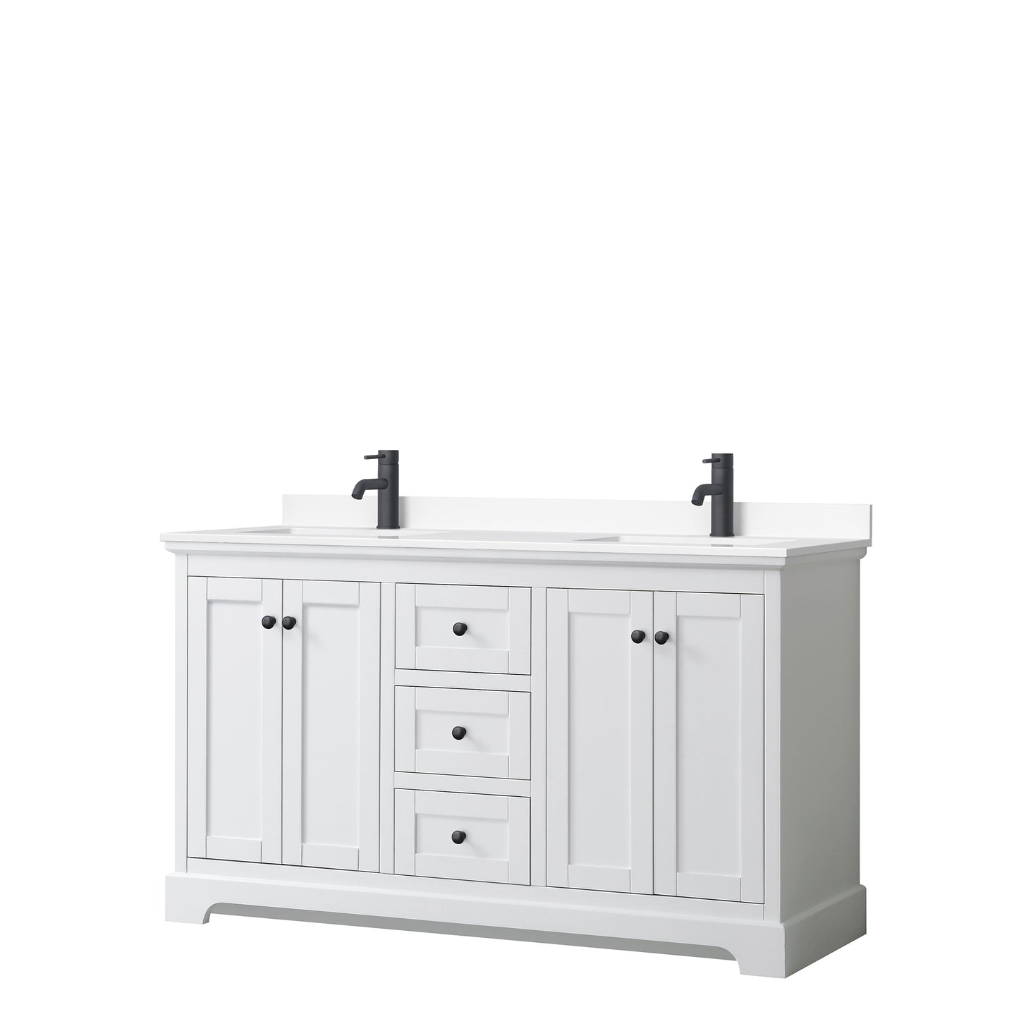 Avery 60 Inch Double Bathroom Vanity in White, White Cultured Marble Countertop, Undermount Square Sinks, Matte Black Trim