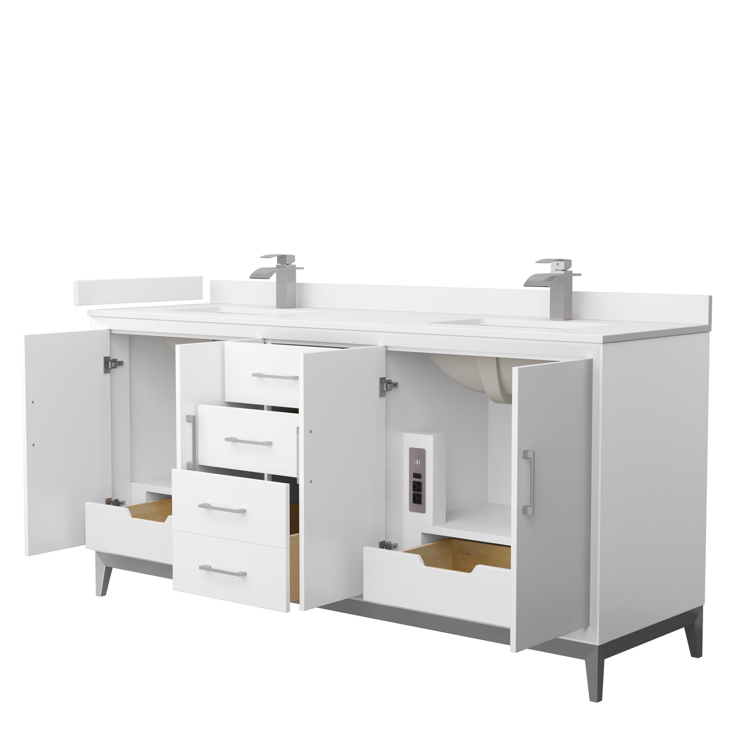 Amici 72 Inch Double Bathroom Vanity in White, White Cultured Marble Countertop, Undermount Square Sinks, Brushed Nickel Trim