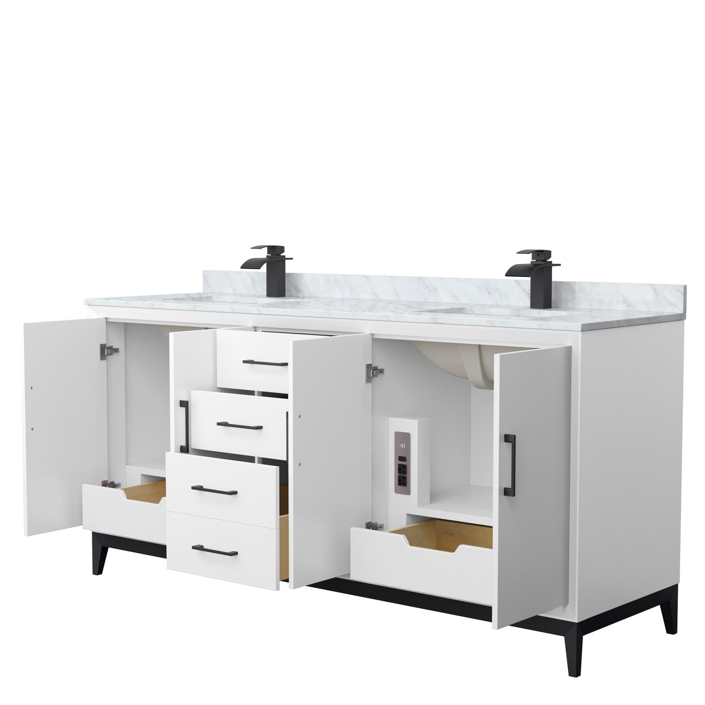 Amici 72 Inch Double Bathroom Vanity in White, White Carrara Marble Countertop, Undermount Square Sinks, Matte Black Trim