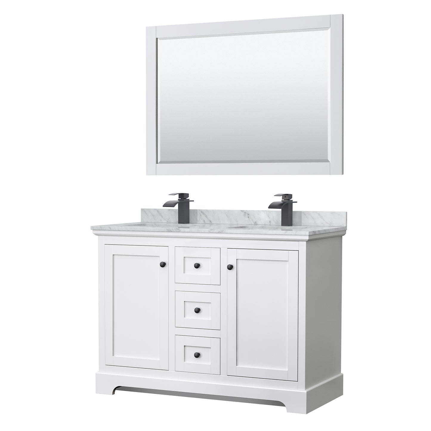 Avery 48 Inch Double Bathroom Vanity in White, White Carrara Marble Countertop, Undermount Square Sinks, Matte Black Trim, 46 Inch Mirror