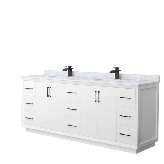 Strada 84 Inch Double Bathroom Vanity in White, White Carrara Marble Countertop, Undermount Square Sink, Matte Black Trim