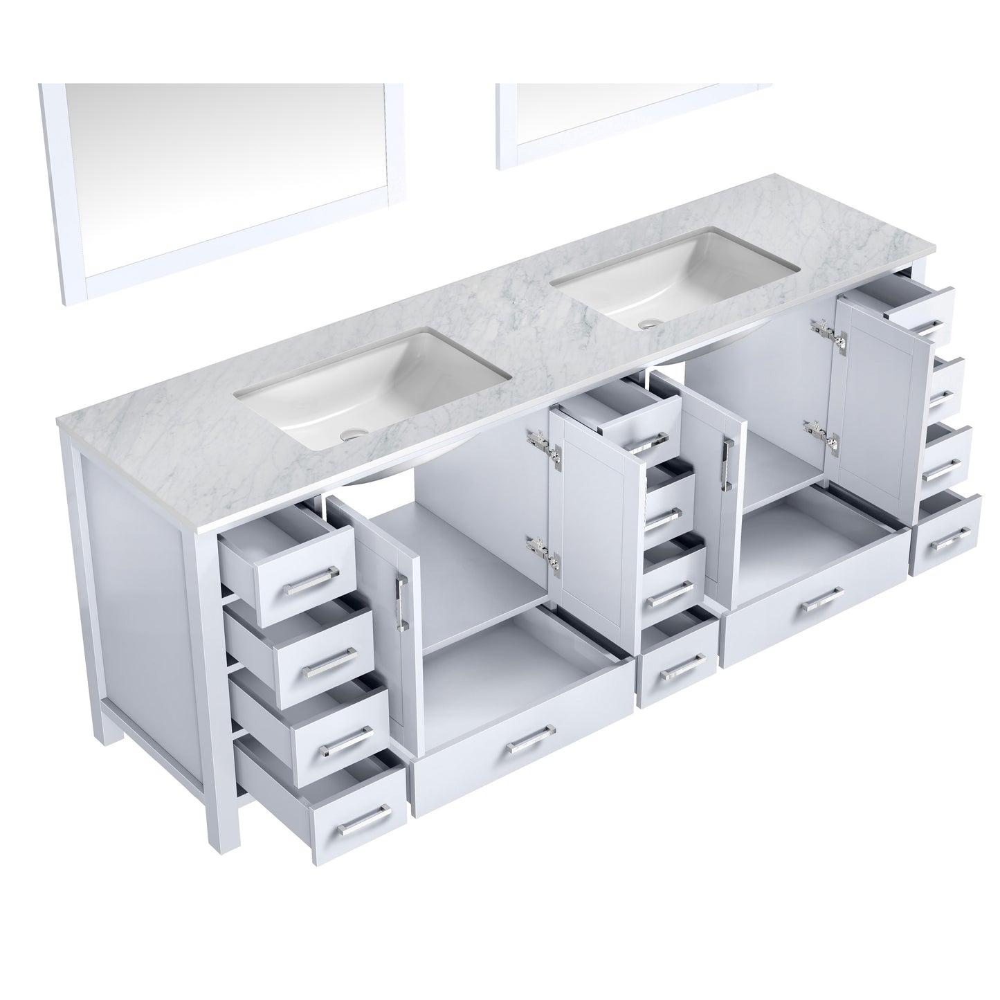 Jacques 84" White Double Vanity, White Carrara Marble Top, White Square Sinks and 34" Mirrors