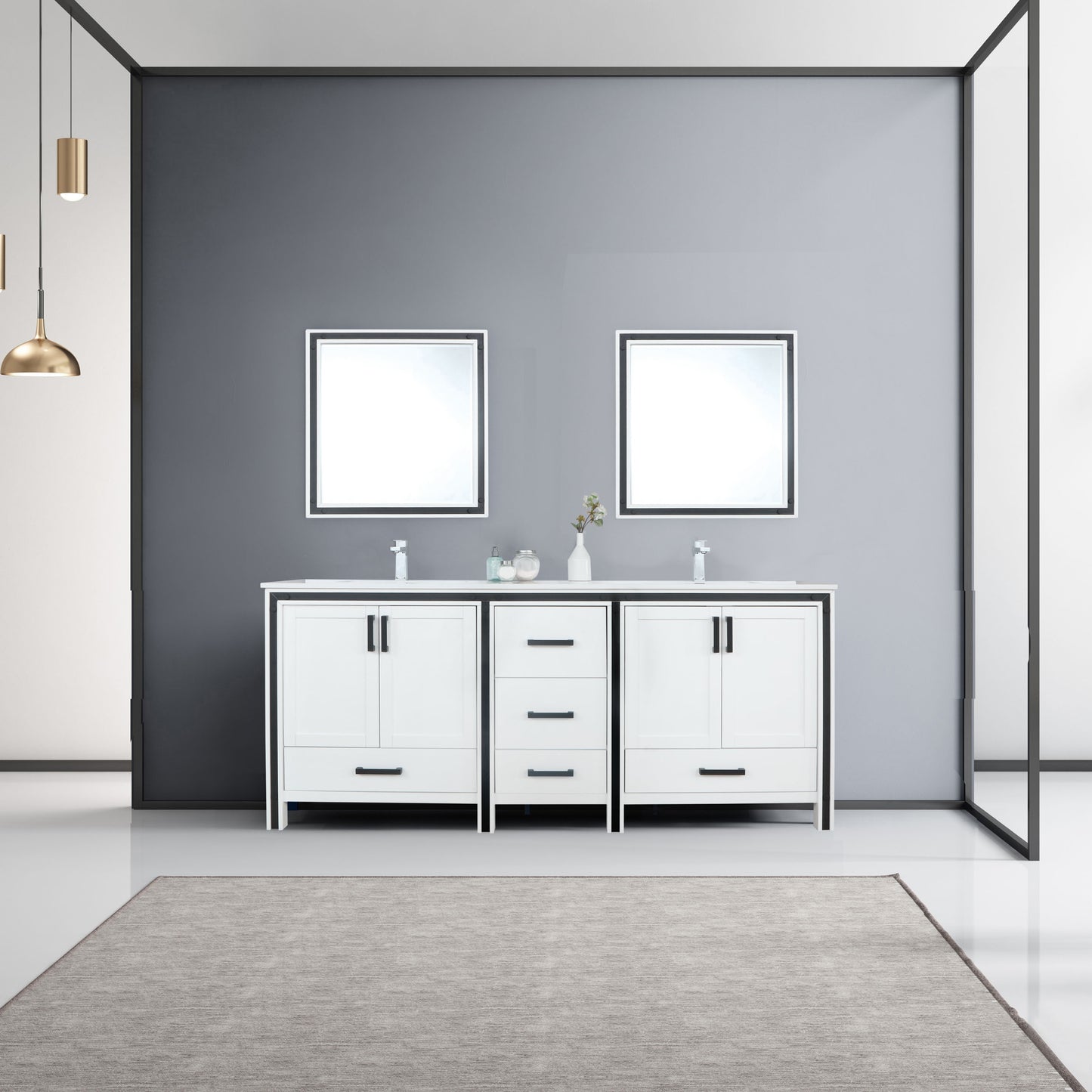 Ziva 80" White Double Vanity, Cultured Marble Top, White Square Sink and 30" Mirrors w/ Faucet