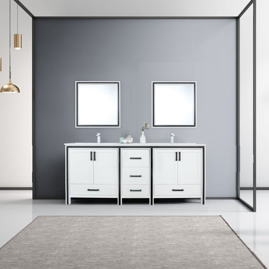 Ziva 80" White Double Vanity, Cultured Marble Top, White Square Sink and 30" Mirrors w/ Faucet