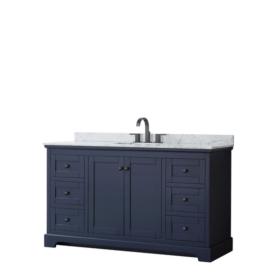 Avery 60 Inch Single Bathroom Vanity in Dark Blue, White Carrara Marble Countertop, Undermount Oval Sink, Matte Black Trim