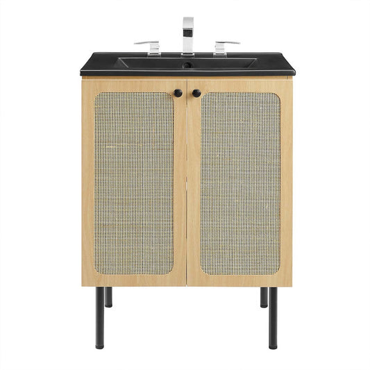 Modway Chaucer 24" Wood & Rattan Bathroom Vanity in Oak/Black