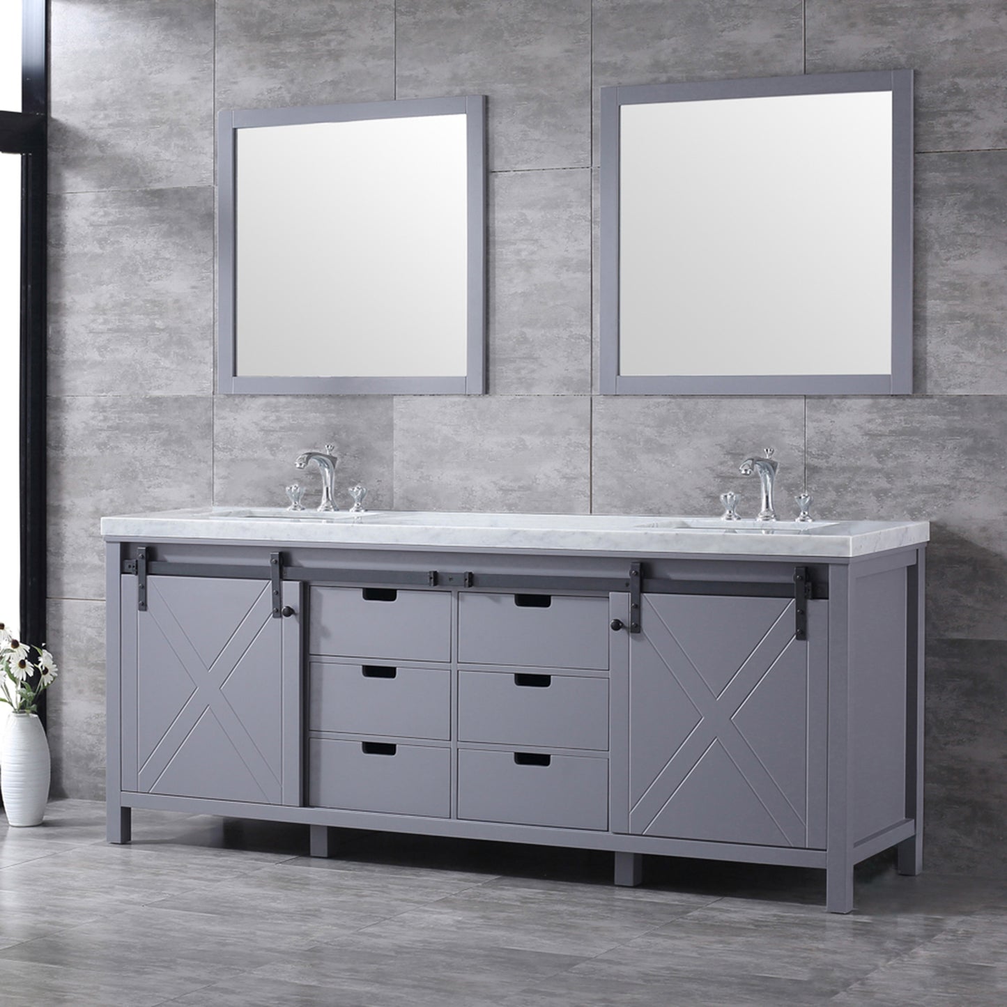 Marsyas 84" Dark Grey Double Vanity, White Carrara Marble Top, White Square Sinks and 34" Mirrors w/ Faucets