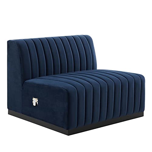 Modway Conjure Modern Channel Tufted Velvet Armless Chair in Midnight Blue
