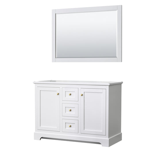 Avery 48 Inch Double Bathroom Vanity in White, No Countertop, No Sinks, 46 Inch Mirror, Brushed Gold Trim