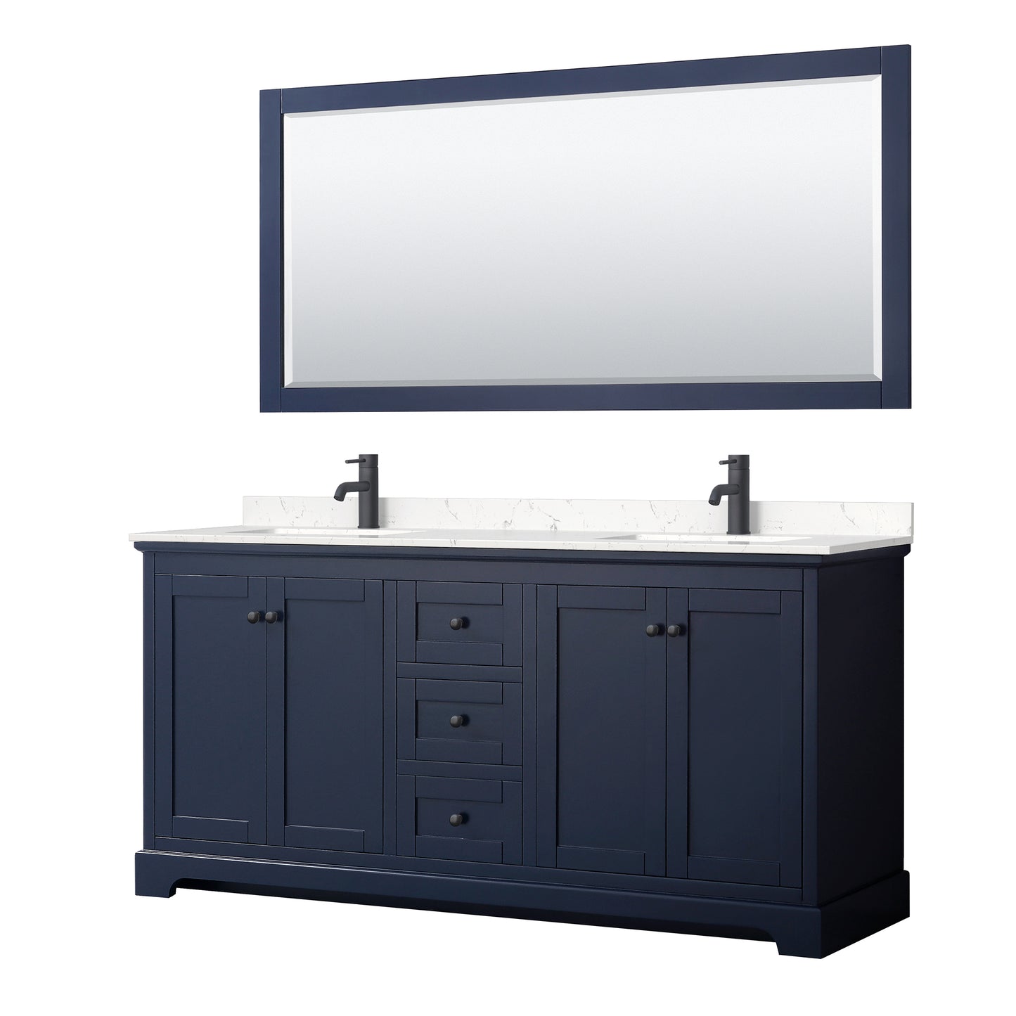 Avery 72 Inch Double Bathroom Vanity in Dark Blue, Carrara Cultured Marble Countertop, Undermount Square Sinks, Matte Black Trim, 70 Inch Mirror