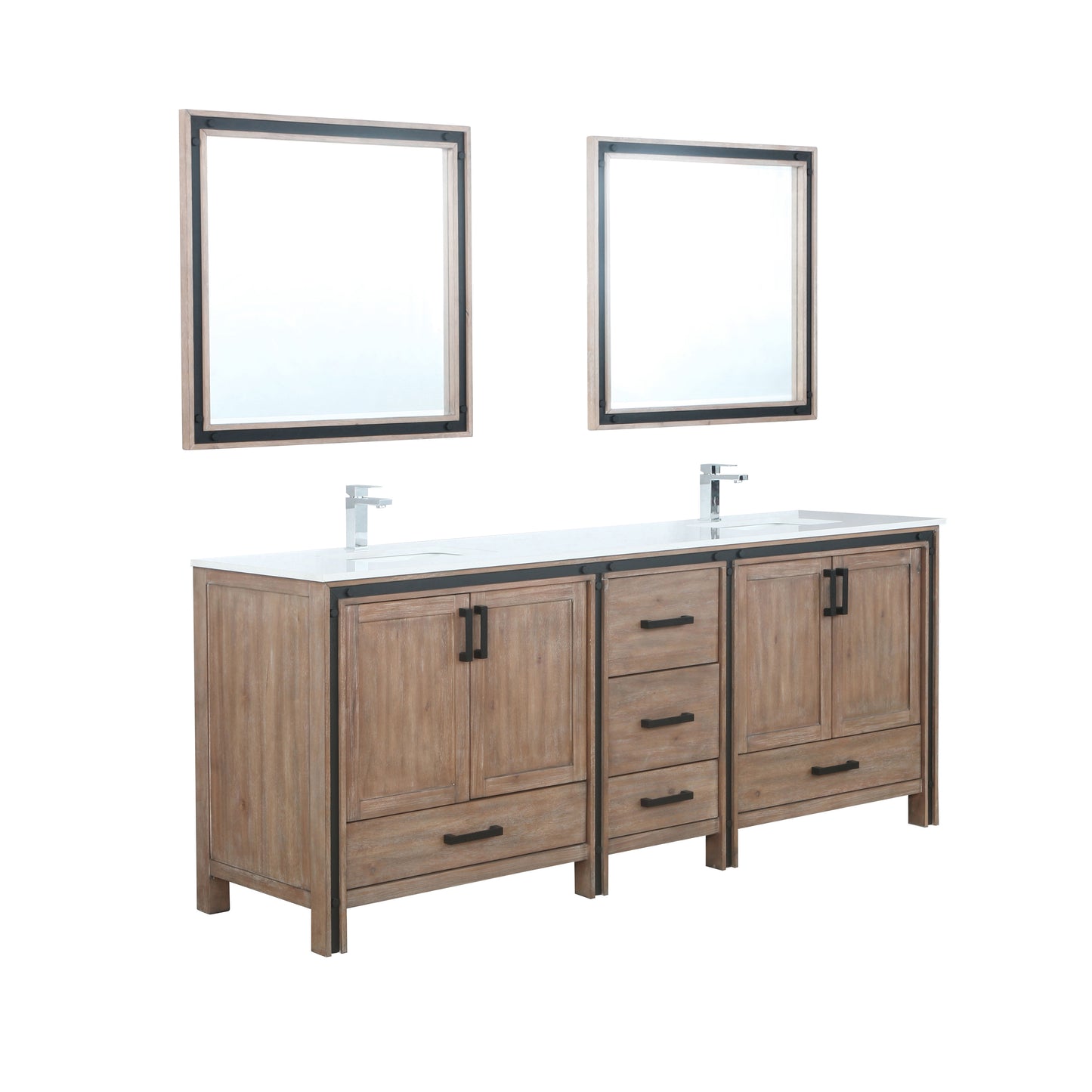 Ziva 84" Rustic Barnwood Double Vanity, Cultured Marble Top, White Square Sink and 34" Mirrors w/ Faucet