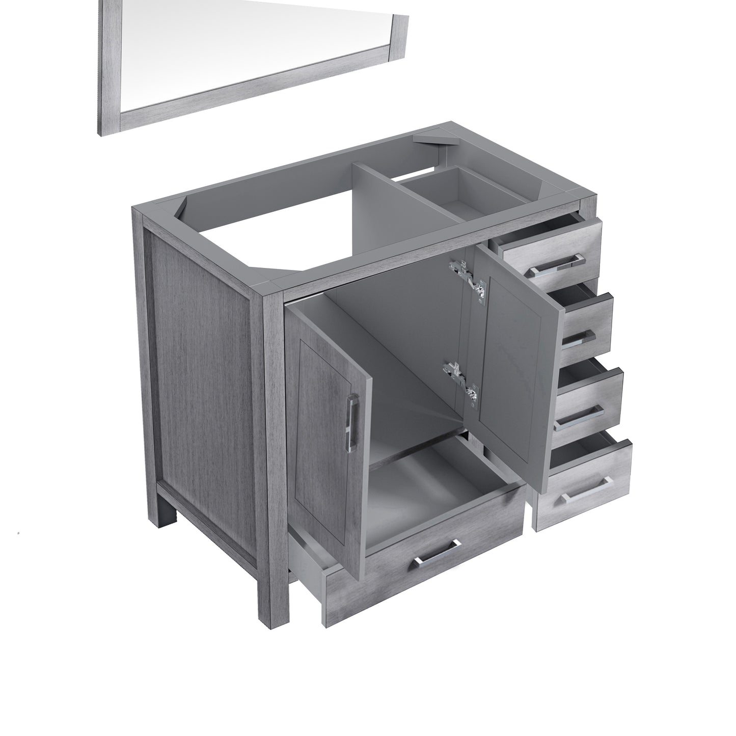 Jacques 36" Distressed Grey Single Vanity, no Top and 34" Mirror - Left Version