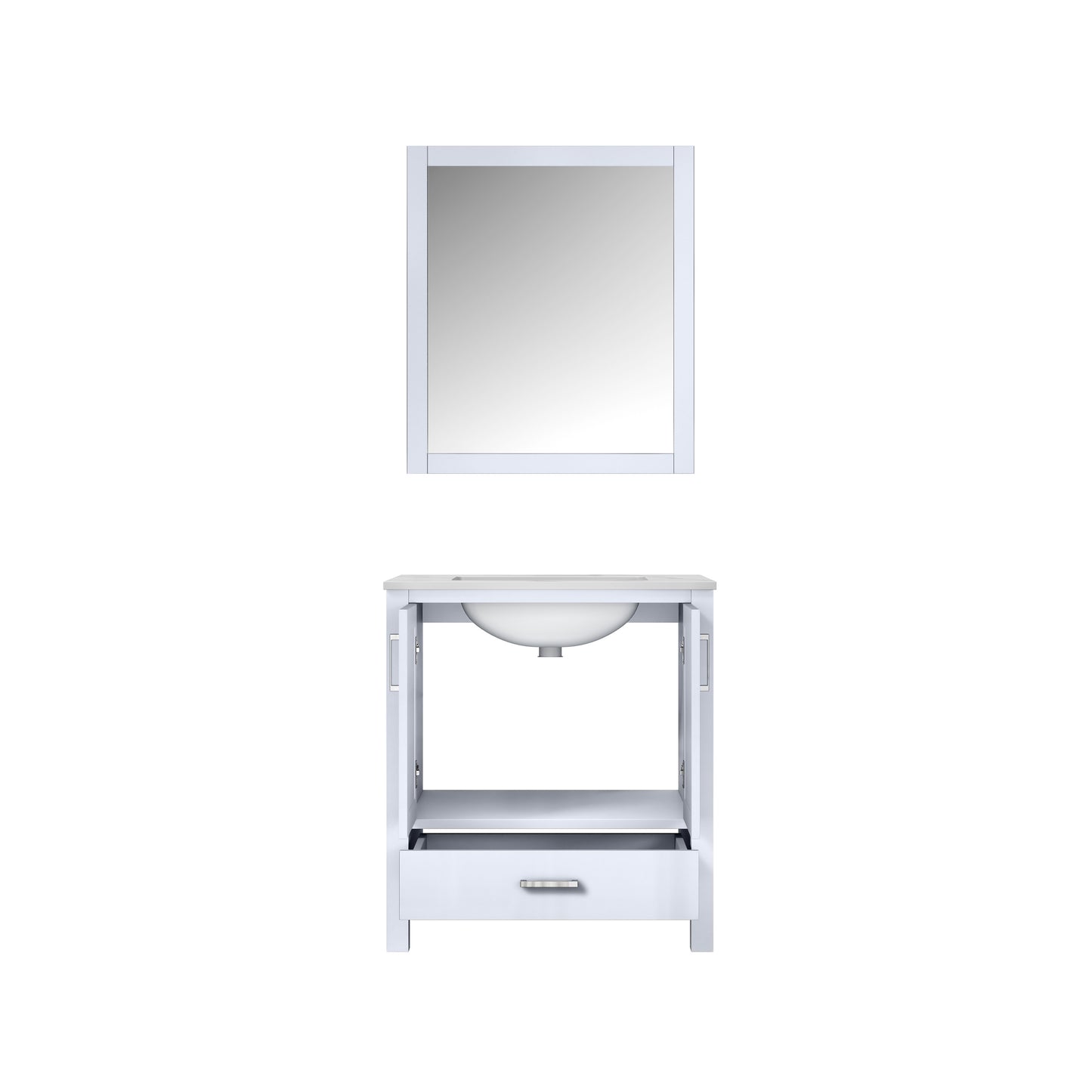 Jacques 30" White Single Vanity, White Carrara Marble Top, White Square Sink and 28" Mirror