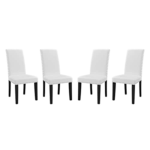 Modway Parcel Modern Upholstered Vinyl Parsons Dining Chair with Polished Nailhead Trim and Wood Legs in Black