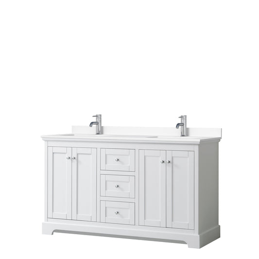 Avery 60 Inch Double Bathroom Vanity in White, White Cultured Marble Countertop, Undermount Square Sinks, No Mirror