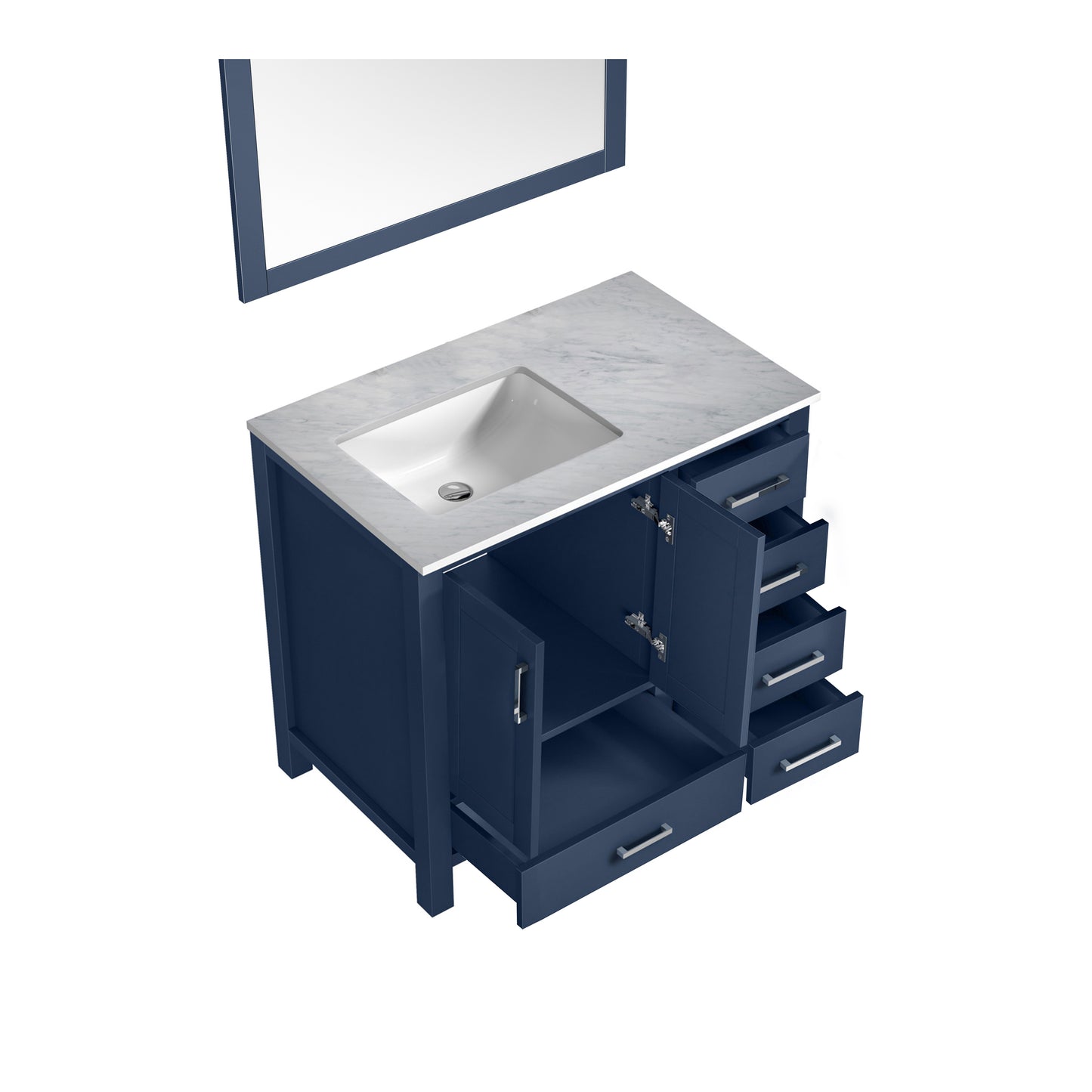 Jacques 36" Navy Blue Single Vanity, White Carrara Marble Top, White Square Sink and 34" Mirror - Left Version