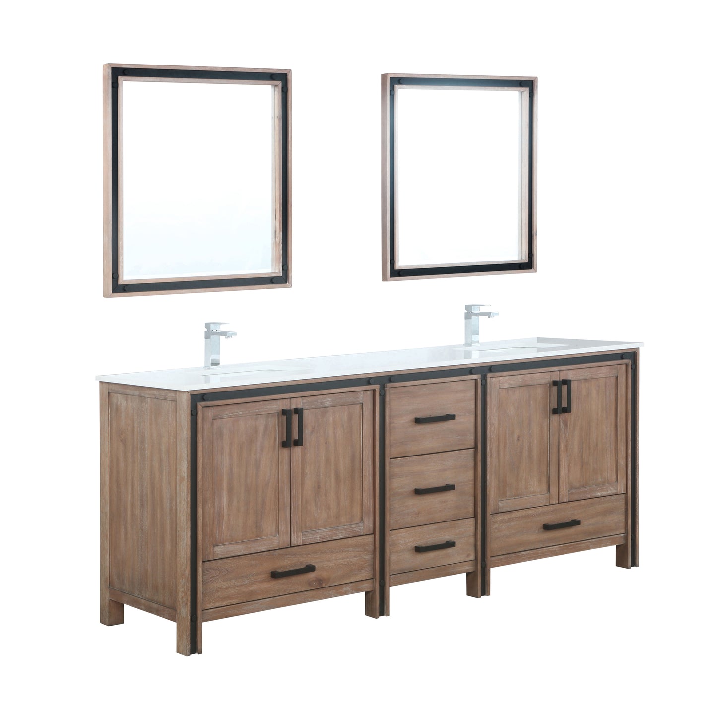 Ziva 80" Rustic Barnwood Double Vanity, Cultured Marble Top, White Square Sink and 30" Mirrors w/ Faucet