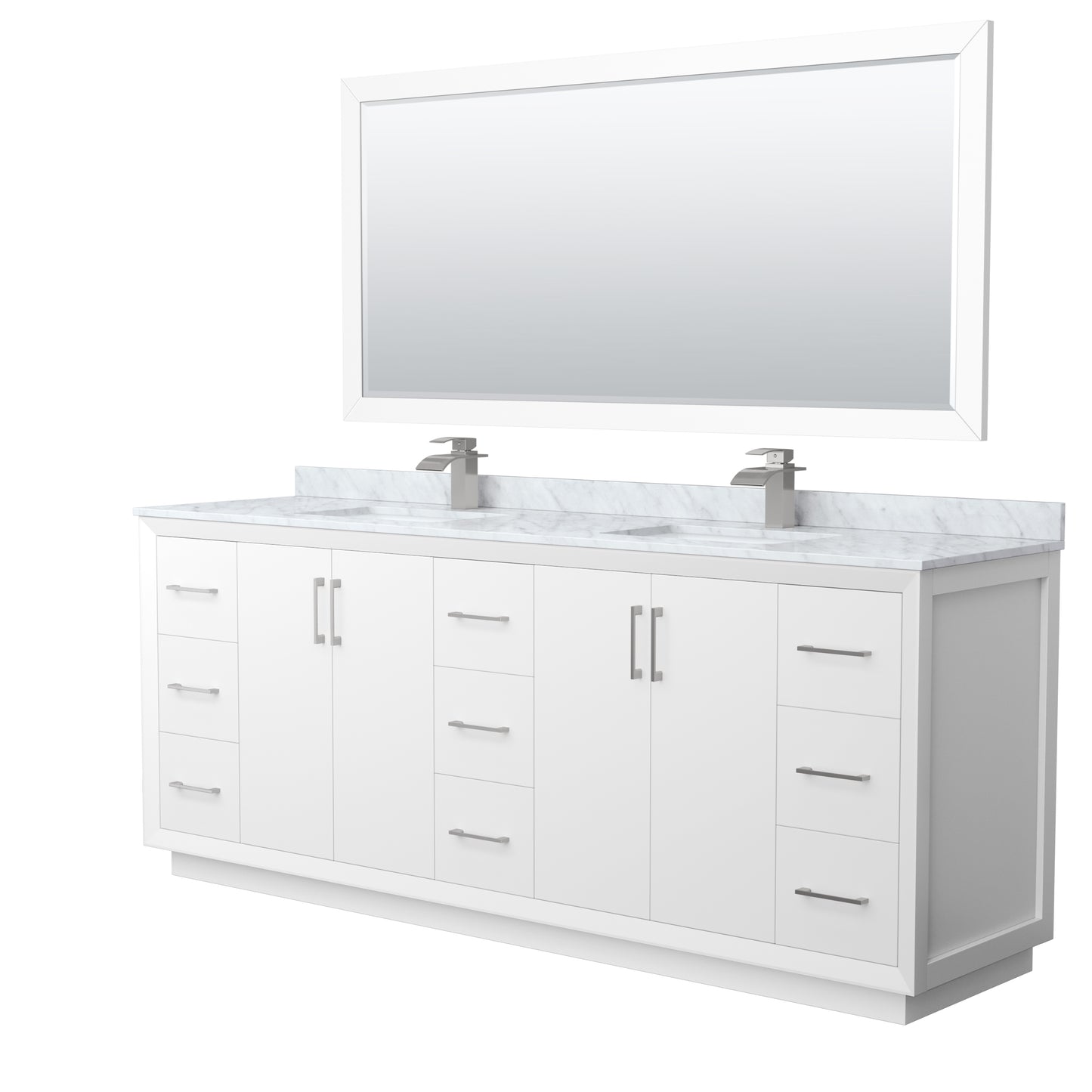 Strada 84 Inch Double Bathroom Vanity in White, White Carrara Marble Countertop, Undermount Square Sink, Brushed Nickel Trim, 70 Inch Mirror