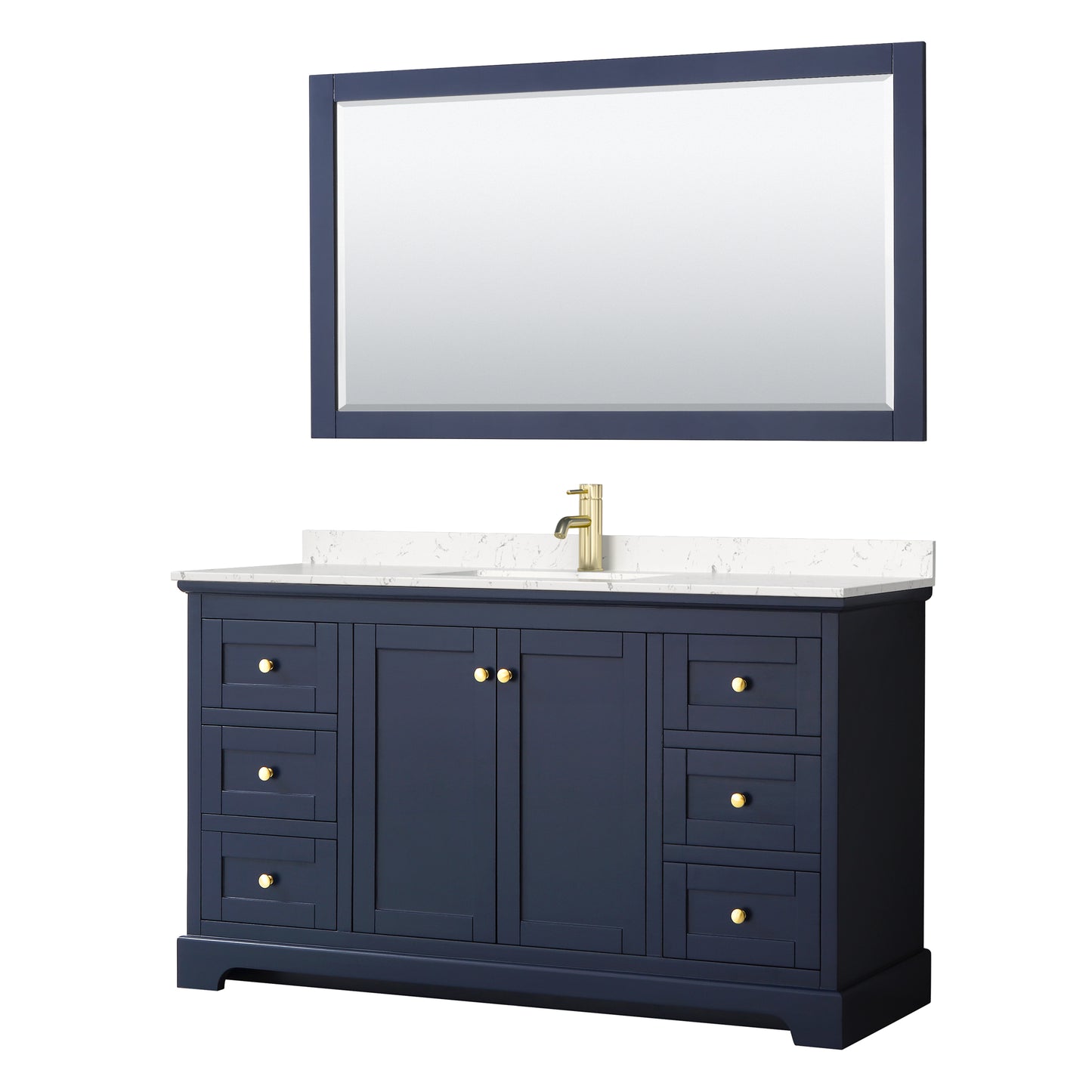 Avery 60 Inch Single Bathroom Vanity in Dark Blue, Carrara Cultured Marble Countertop, Undermount Square Sink, 58 Inch Mirror