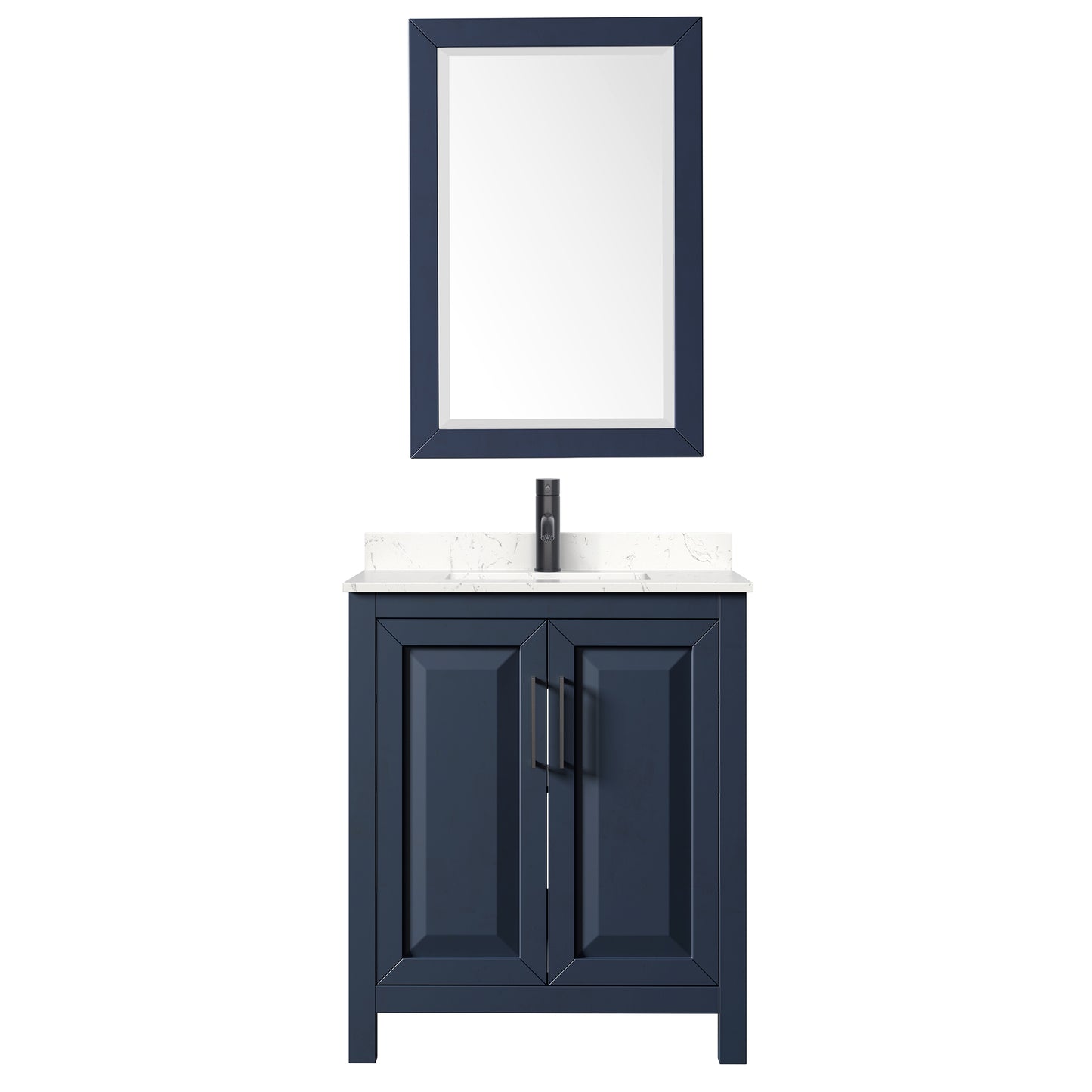 Daria 30 Inch Single Bathroom Vanity in Dark Blue, Carrara Cultured Marble Countertop, Undermount Square Sink, Matte Black Trim, 24 Inch Mirror