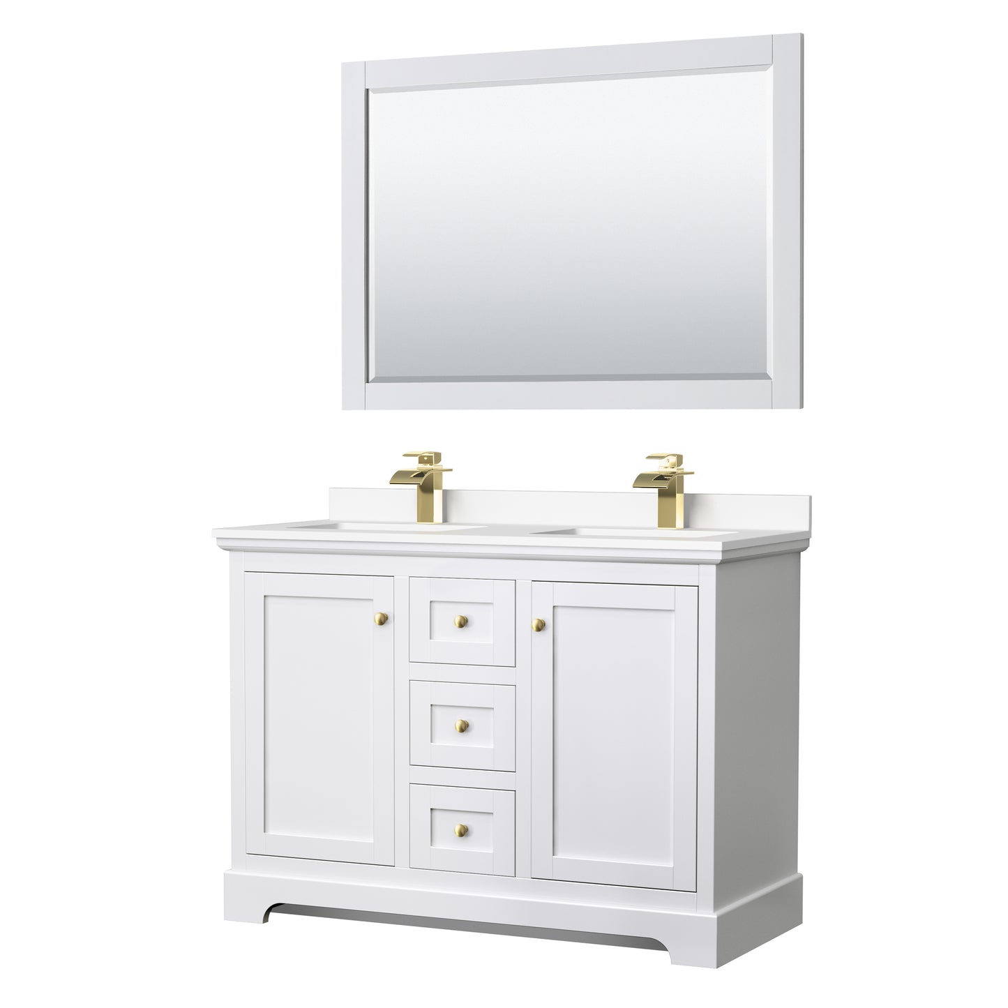 Avery 48 Inch Double Bathroom Vanity in White, White Cultured Marble Countertop, Undermount Square Sinks, 46 Inch Mirror, Brushed Gold Trim