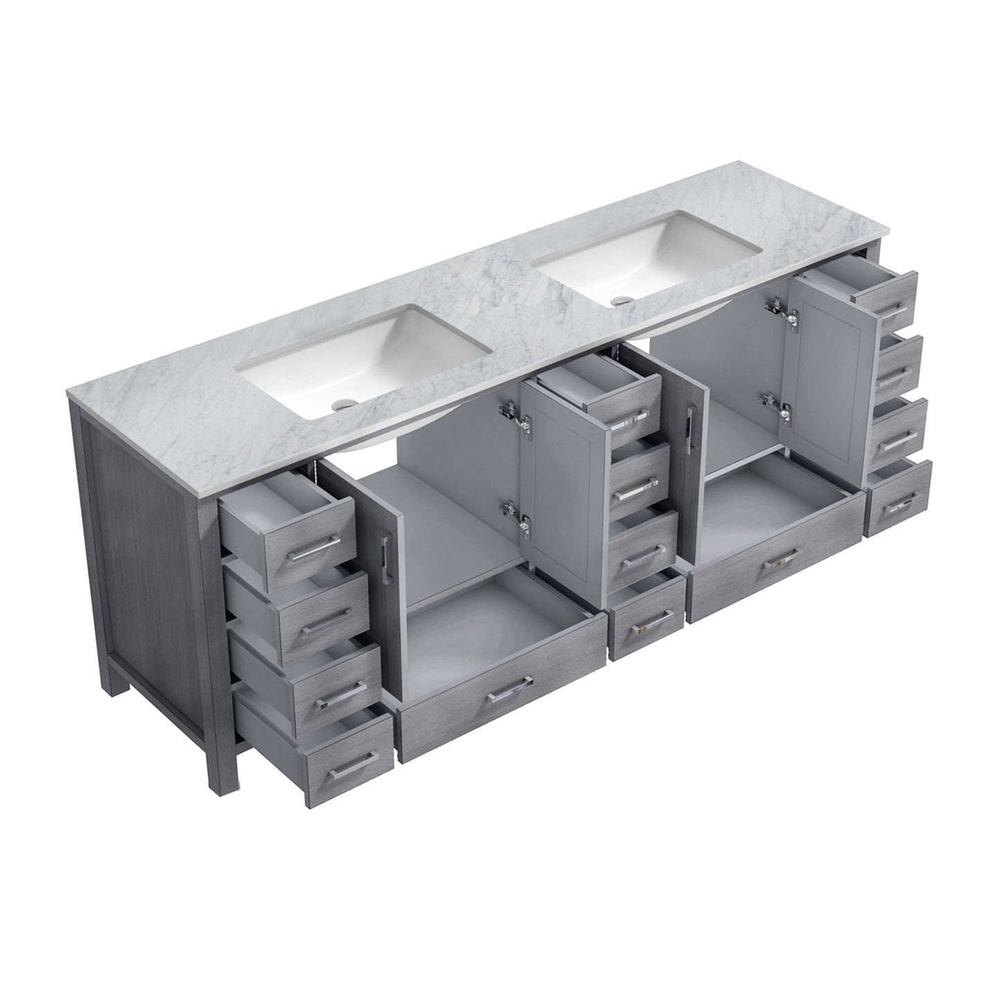 Jacques 84" Distressed Grey Double Vanity, White Carrara Marble Top, White Square Sinks and no Mirror