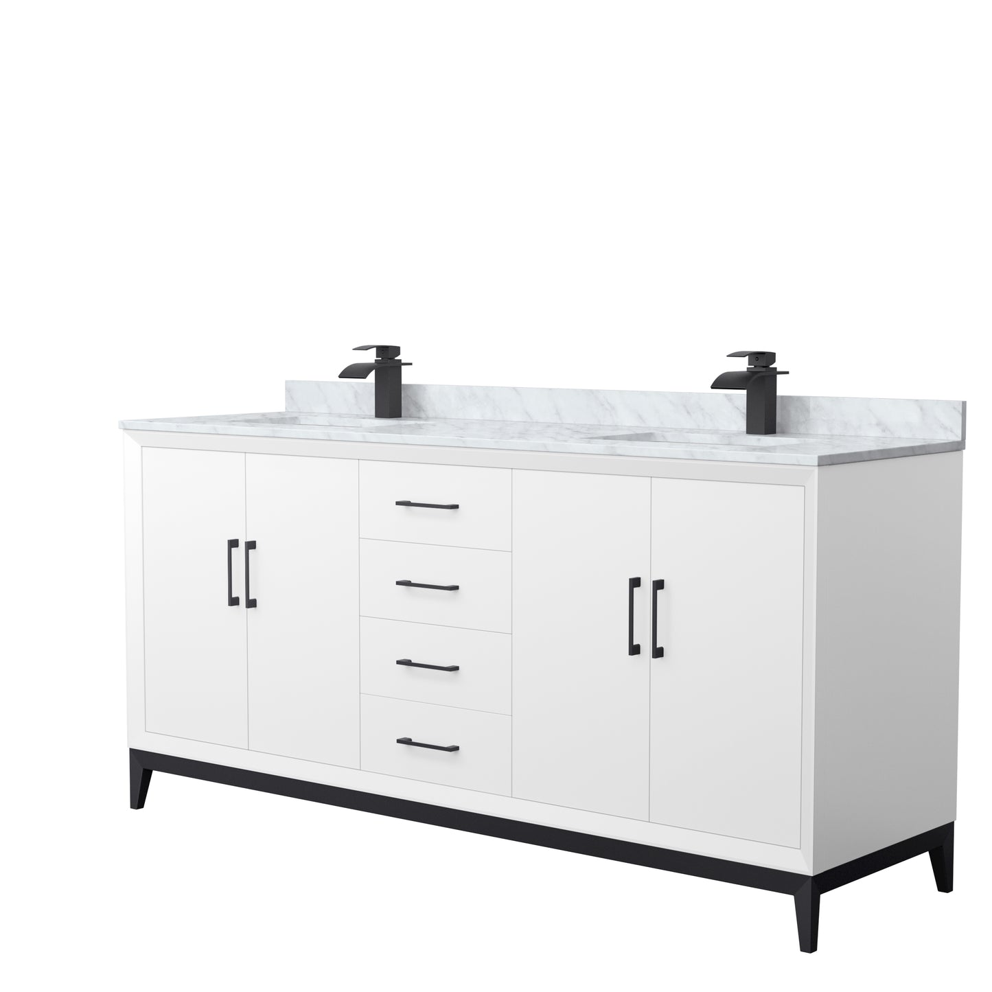 Amici 72 Inch Double Bathroom Vanity in White, White Carrara Marble Countertop, Undermount Square Sinks, Matte Black Trim