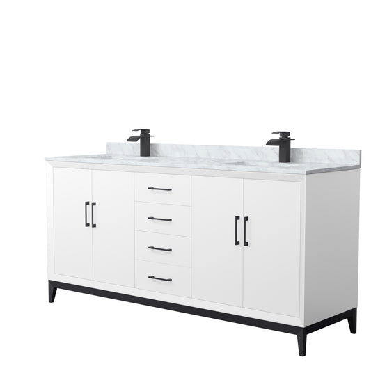 Amici 72 Inch Double Bathroom Vanity in White, White Carrara Marble Countertop, Undermount Square Sinks, Matte Black Trim