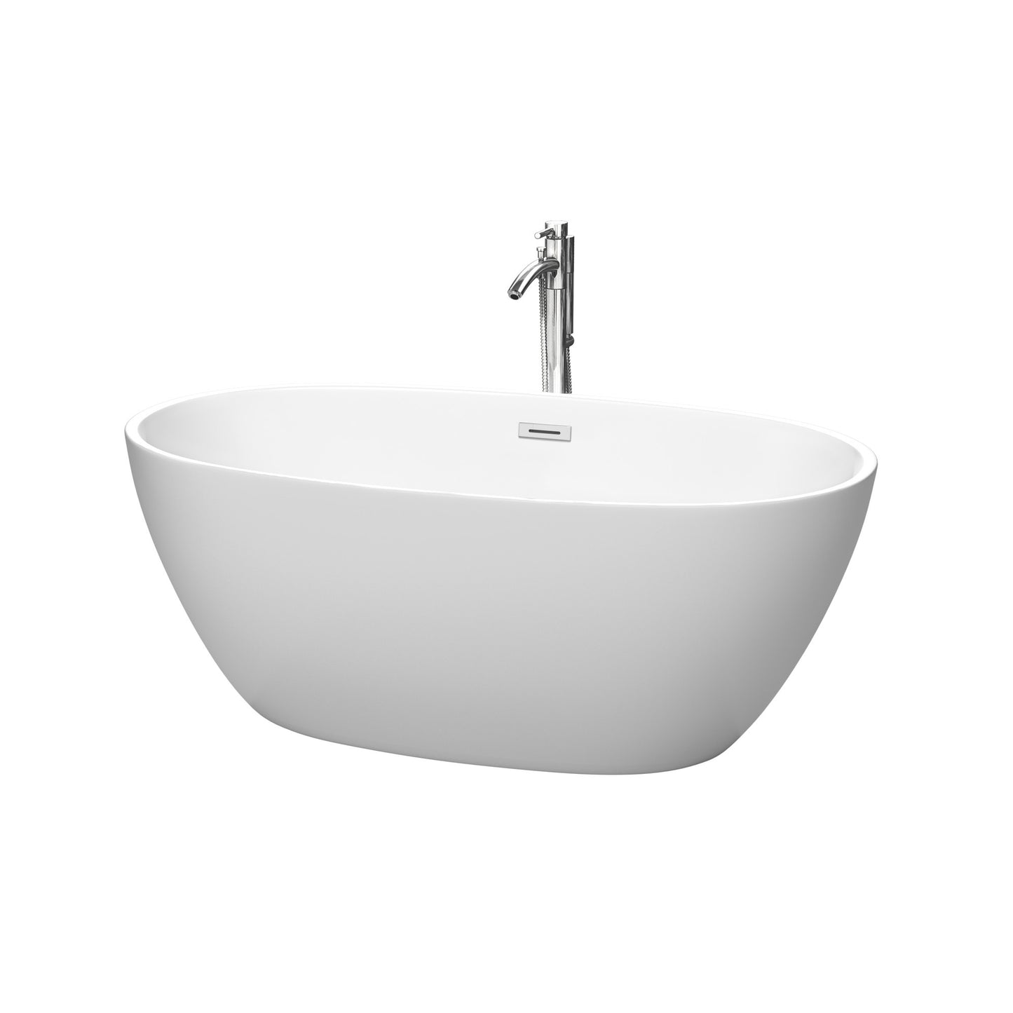 Juno 59 Inch Freestanding Bathtub in Matte White with Floor Mounted Faucet, Drain and Overflow Trim in Polished Chrome