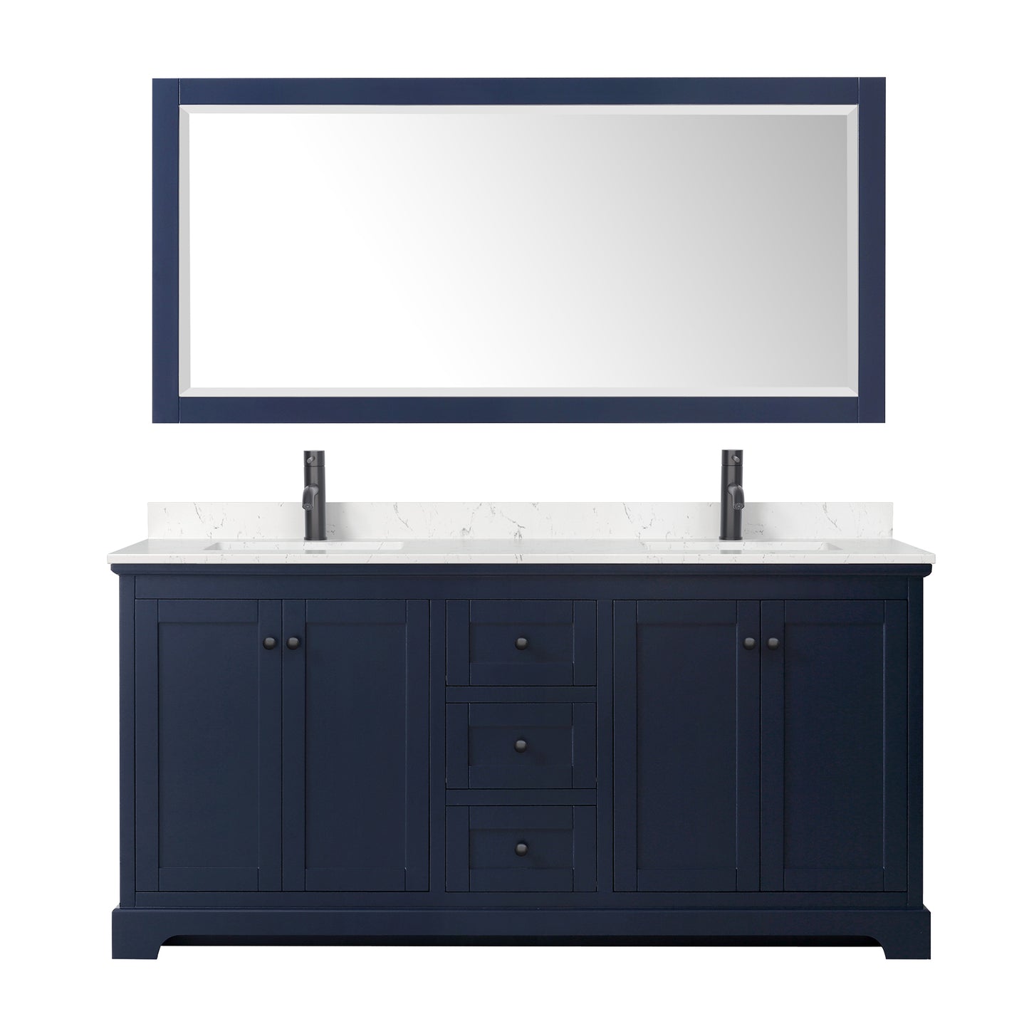 Avery 72 Inch Double Bathroom Vanity in Dark Blue, Carrara Cultured Marble Countertop, Undermount Square Sinks, Matte Black Trim, 70 Inch Mirror