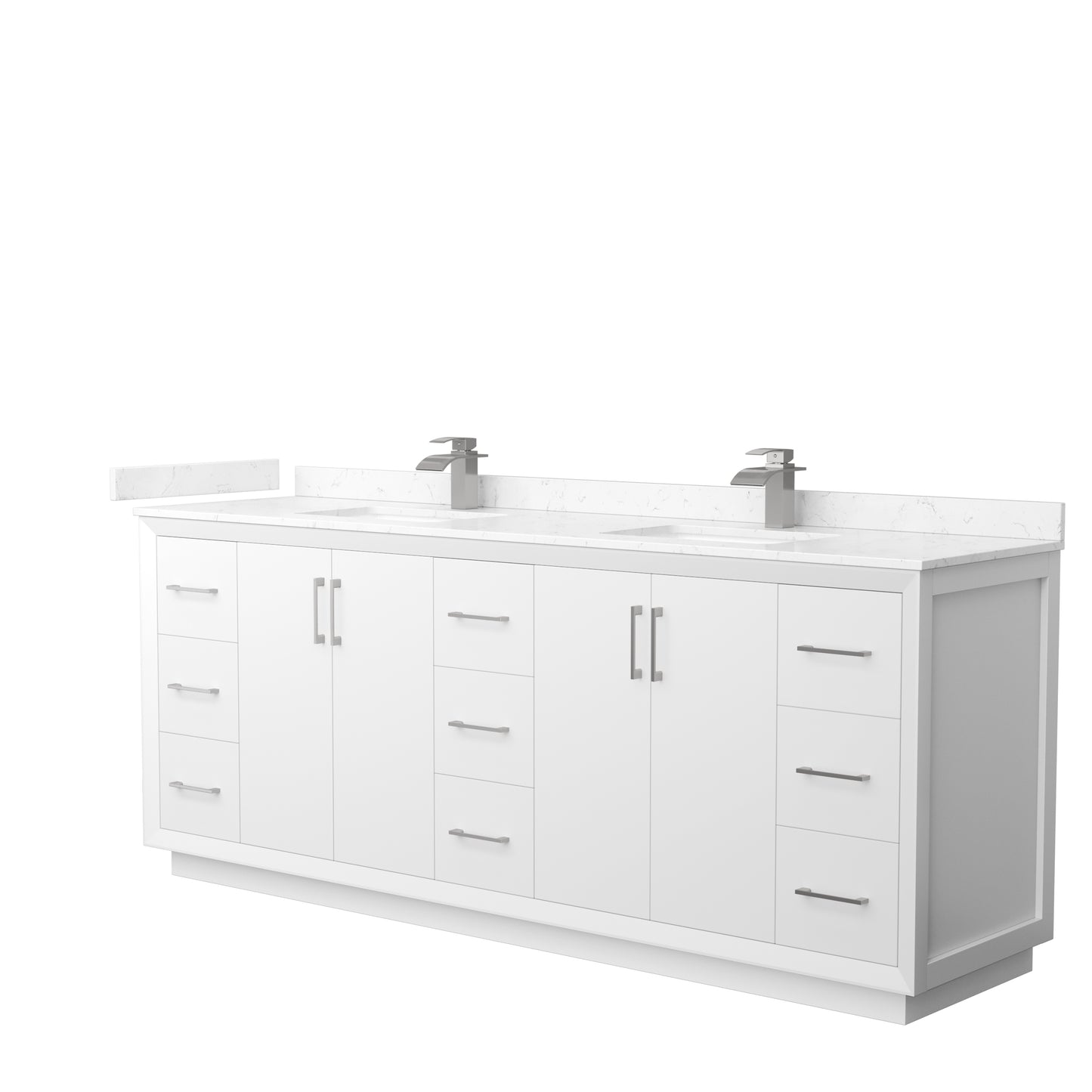 Strada 84 Inch Double Bathroom Vanity in White, Carrara Cultured Marble Countertop, Undermount Square Sink, Brushed Nickel Trim