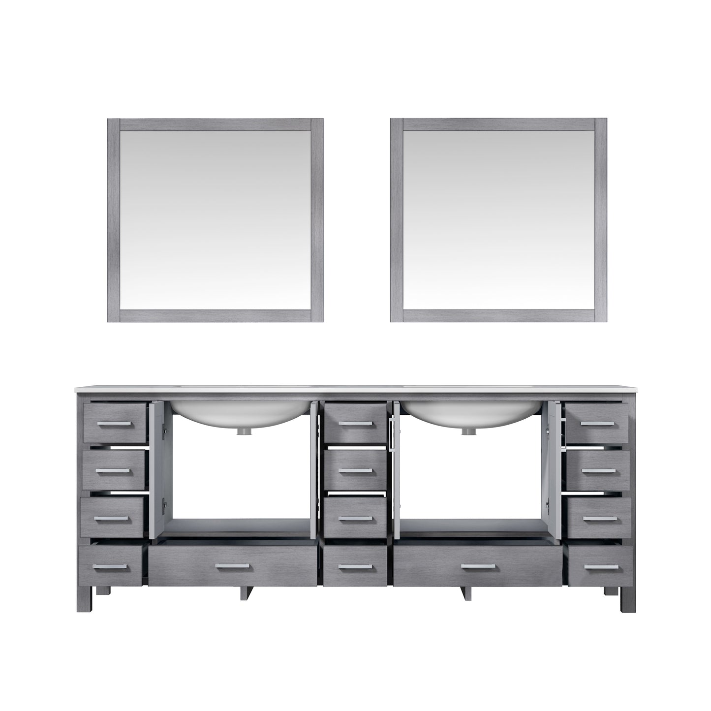 Jacques 84" Distressed Grey Double Vanity, White Carrara Marble Top, White Square Sinks and 34" Mirrors